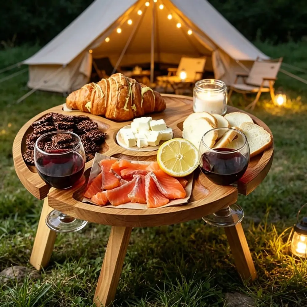 1pc 30cm Multifunctional Round Wooden Folding Tray, Ideal for Outdoor Activities, Picnics, Camping, Beach BBQ, Parties, Lightweight and Portable, Croissant