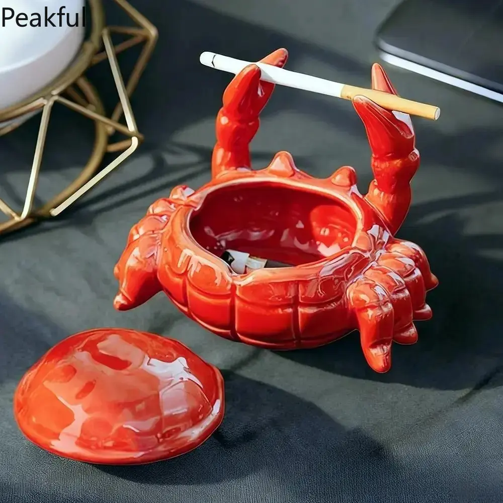 Home decor | Viral whimsical crab-shaped ceramic ashtray with sealed lid | Niche windproof artistic animal ornament for indoor & outdoor | Premium ceramic build, dust & odor proof, perfect for living rooms, patios and daily household decoration