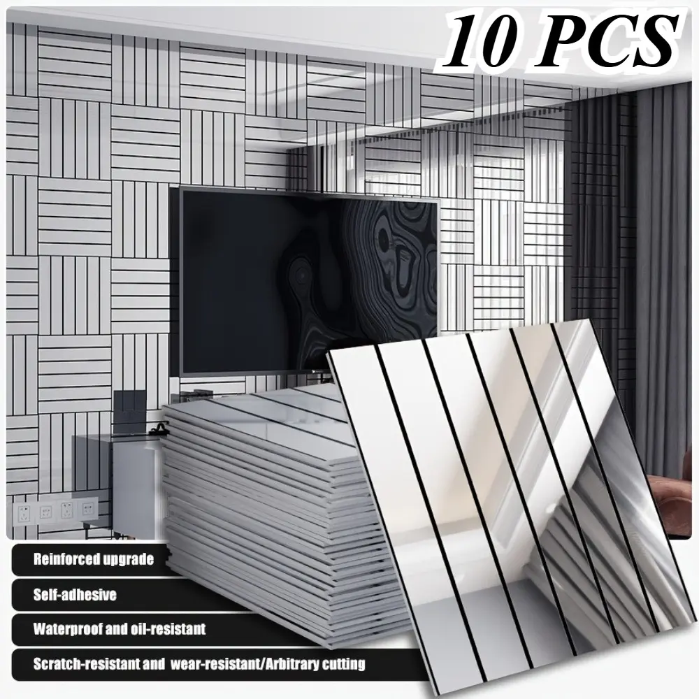 10pcs 3D Striped Grid Self-Adhesive Decorative Wallpaper, Thick Mirror Texture, Luxury PVC Wall Stickers, Removable, for Living Room Bedroom