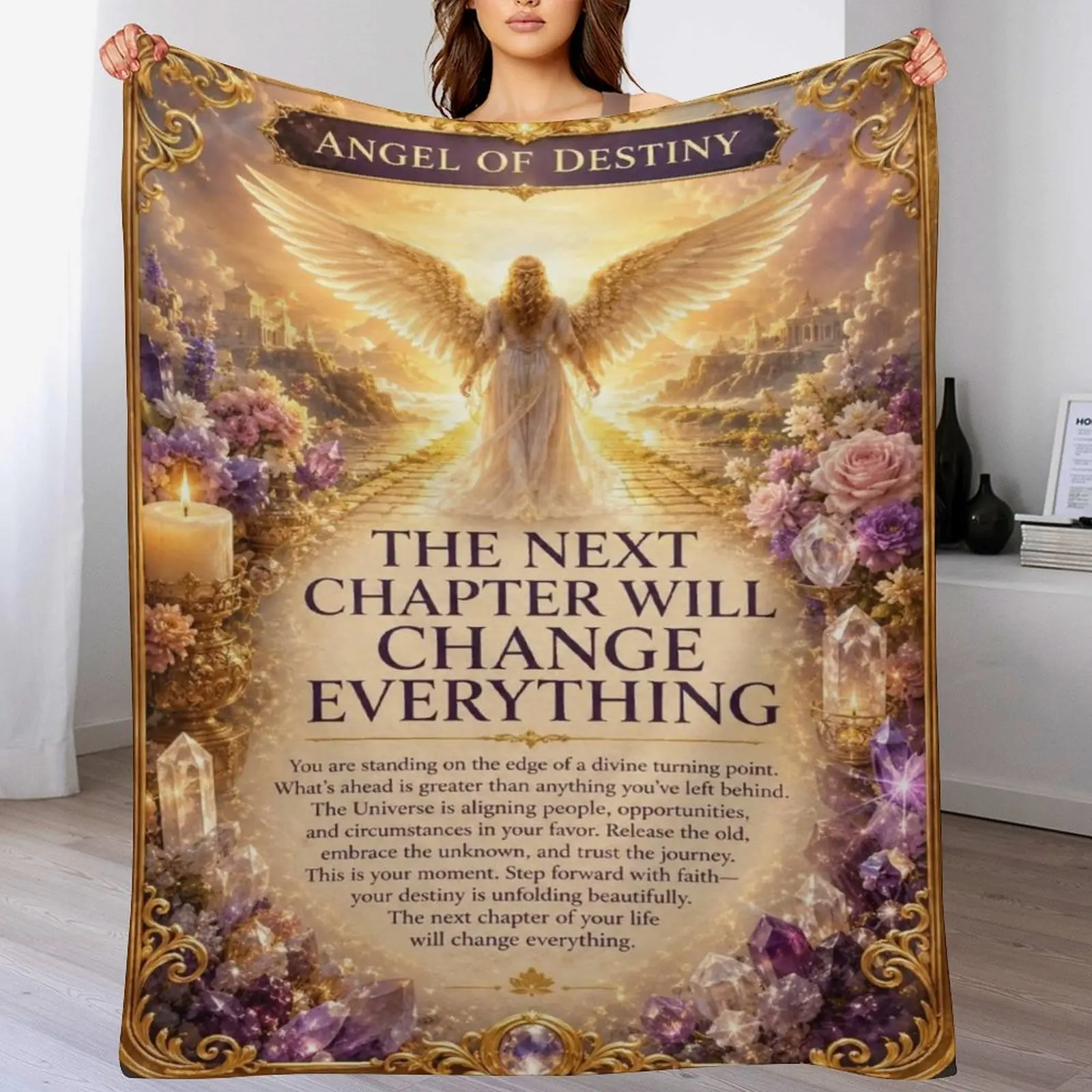 Angel of Destiny Inspirational Flannel Throw Blanket, Soft Cozy Blanket with Heavenly Angel Design, Warm Home Decor for Bedroom Living Room Couch, Meaningful Encouragement Gift for Women Mom Grandma