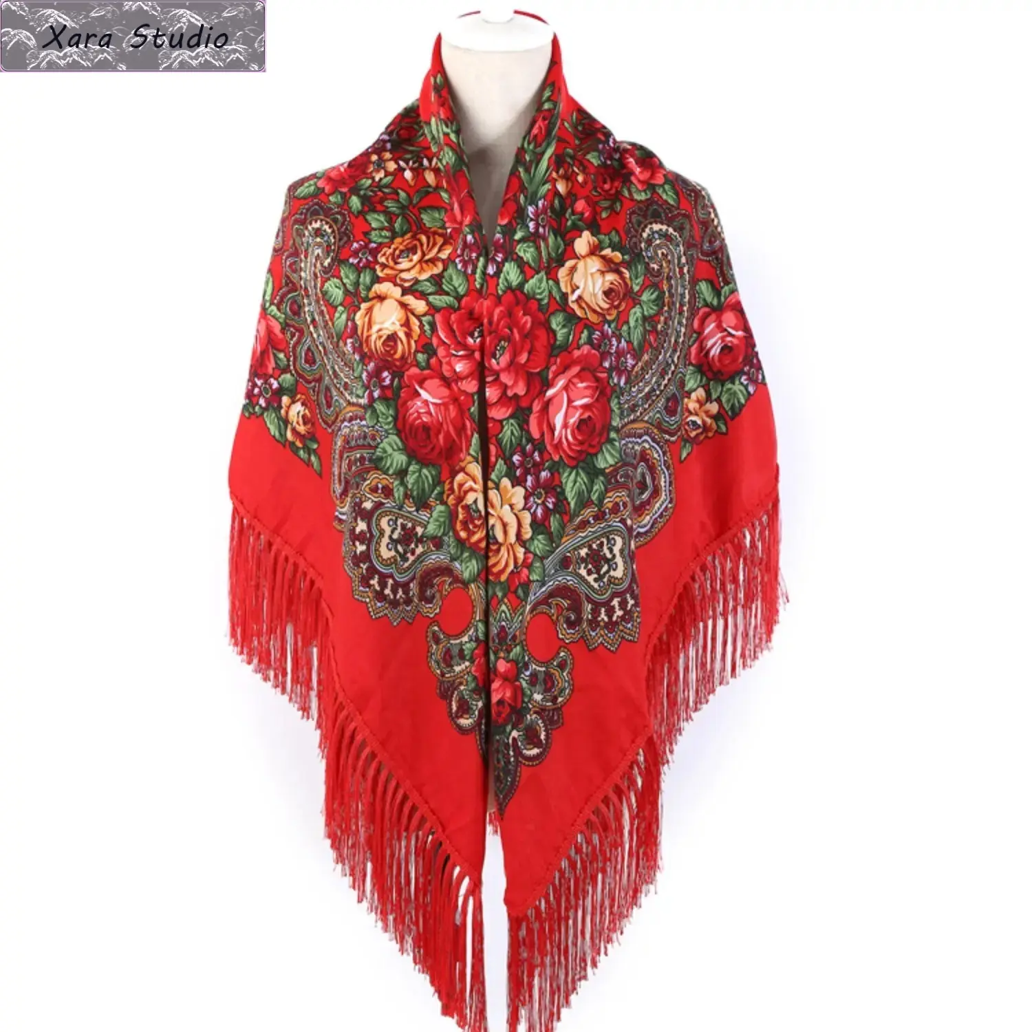 Women's Russian Babushka Floral Square Scarf - Vintage Slavic Fringe Shawl Wrap, Traditional Folk Rose Design Folk Necklaces, Winter Fashion Accessory for Church, Gifting, Female, Cultural Events, Head Wraps Necklaces