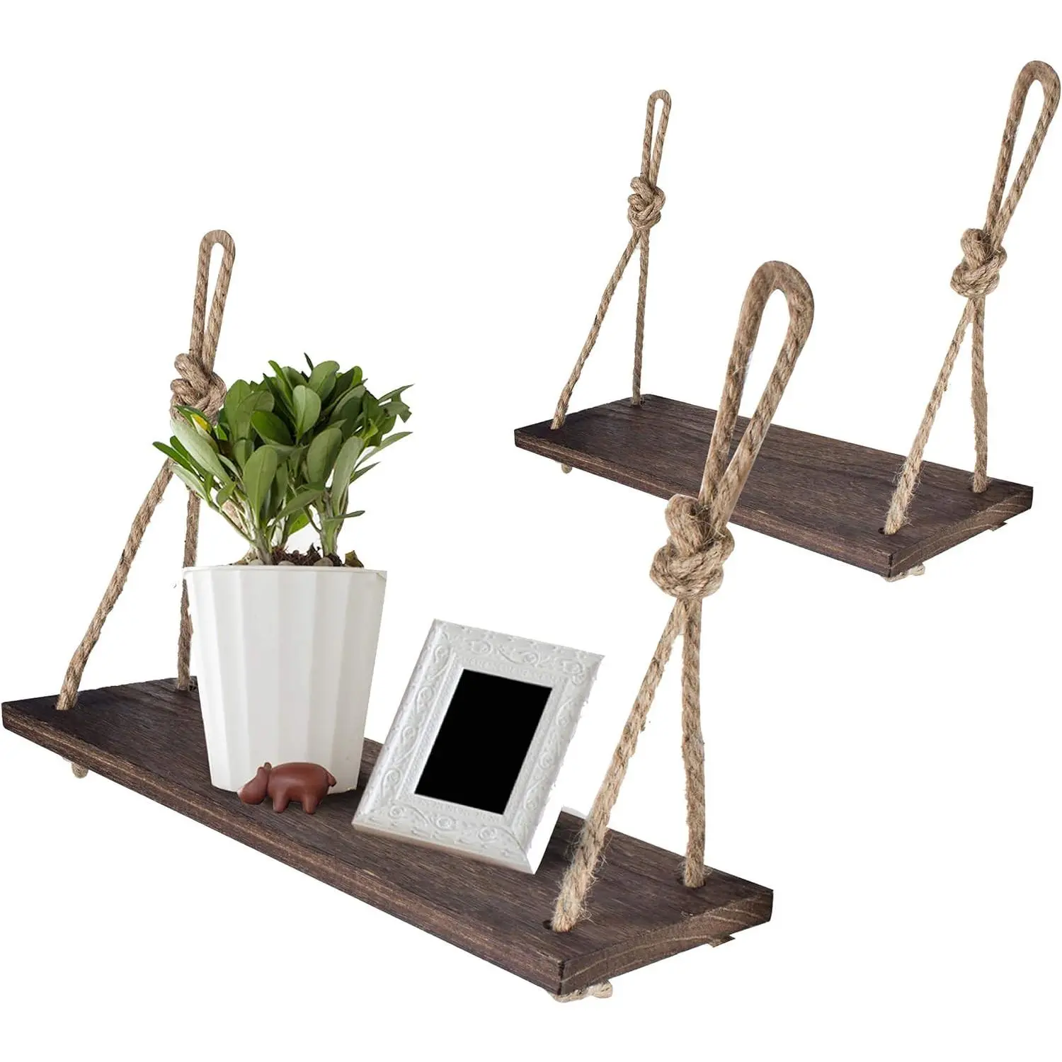 Rope Hanging Floating Shelves, Rustic Wood Wall Decor Swing Shelf with 4 Hooks, Pack of 2