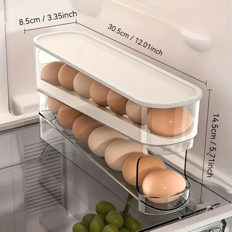 Double Layer Egg Storage Box, 1 Count Space Saving Rolling Egg Storage Box, Washable Plastic Egg Holder for Refrigerator, Household Home Organization, Stackable Fridge Organizer