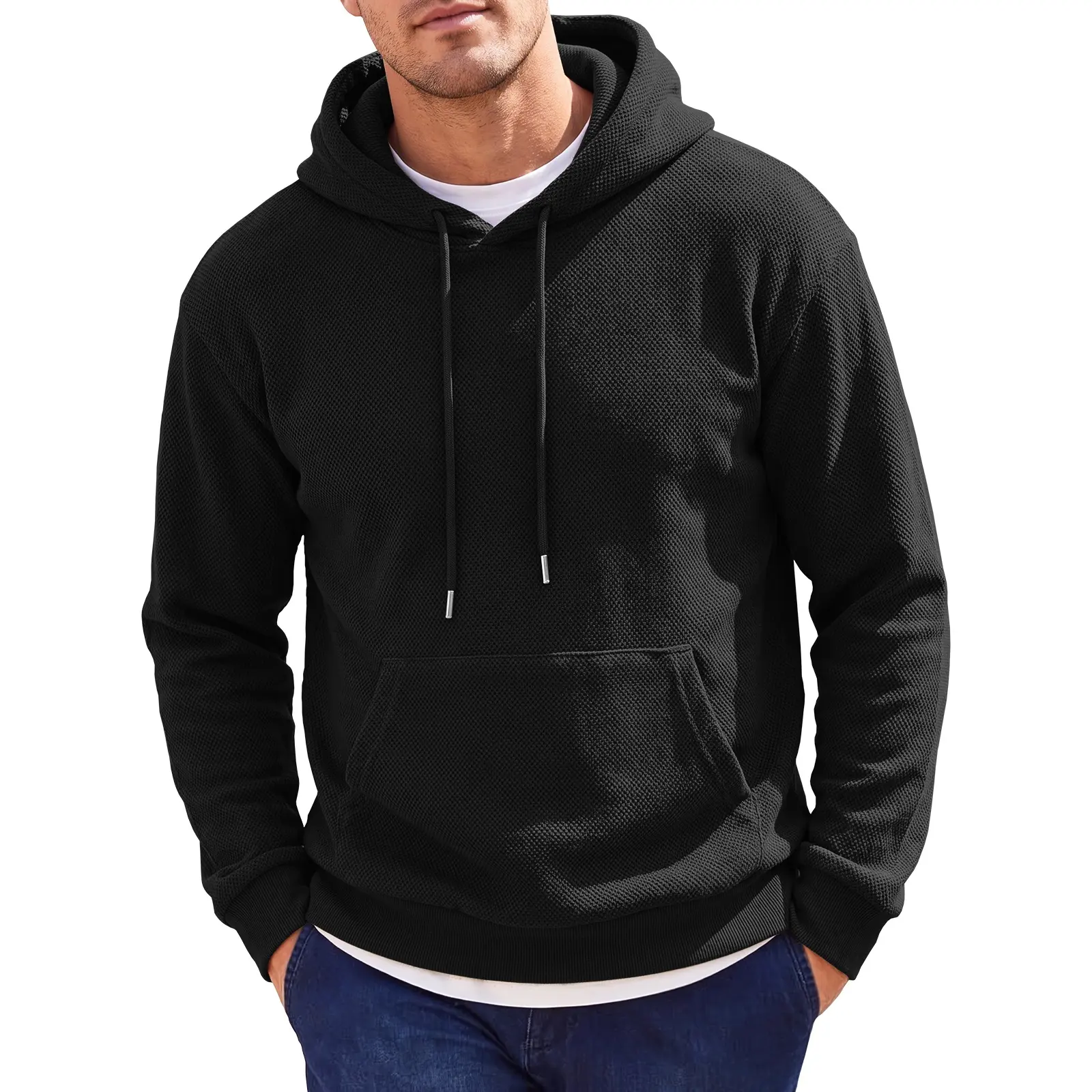 Runcati Men‘s Casual Hoodies Long Sleeve Pullover Sweatshirts with Pocket | Drawstring Slim Fit Textured Hoodie, Lightweight Hooded Pullover, Kangaroo Pocket, Long Sleeve Solid Color Workout Sweatshirt