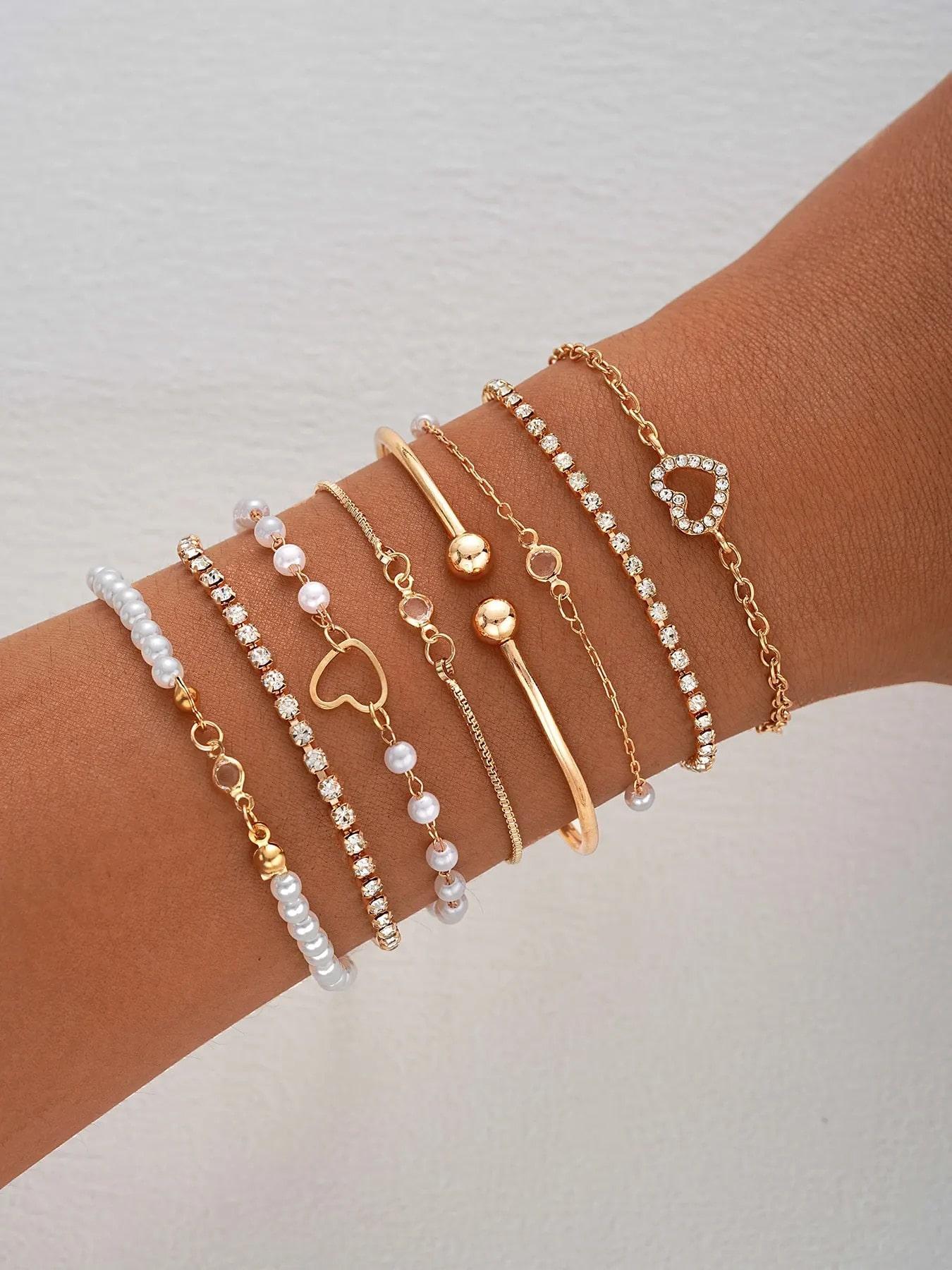 Women's Elegant Faux Pearl & Rhinestone Decorated Matching Bracelet Set, Exquisite Trendy Bracelet, Fashionable Jewelry Design for Women & Girls As Gift, Pearl Beaded Bracelet, Stackable Bracelet Set, Bracelet Bundle, Bracelets Stack