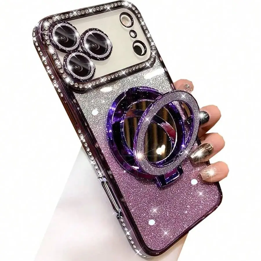 Luxury Glitter Phone Case with Makeup Mirror Kickstand, Bling Rhinestone Camera Frame Protector, Sparkly Gradient Cover for Women Girls, Compatible with iPhone 17/17 Air/17 Pro/17 Pro Max/16 Plus/15/14 plus/13 Pro Max/12. junk