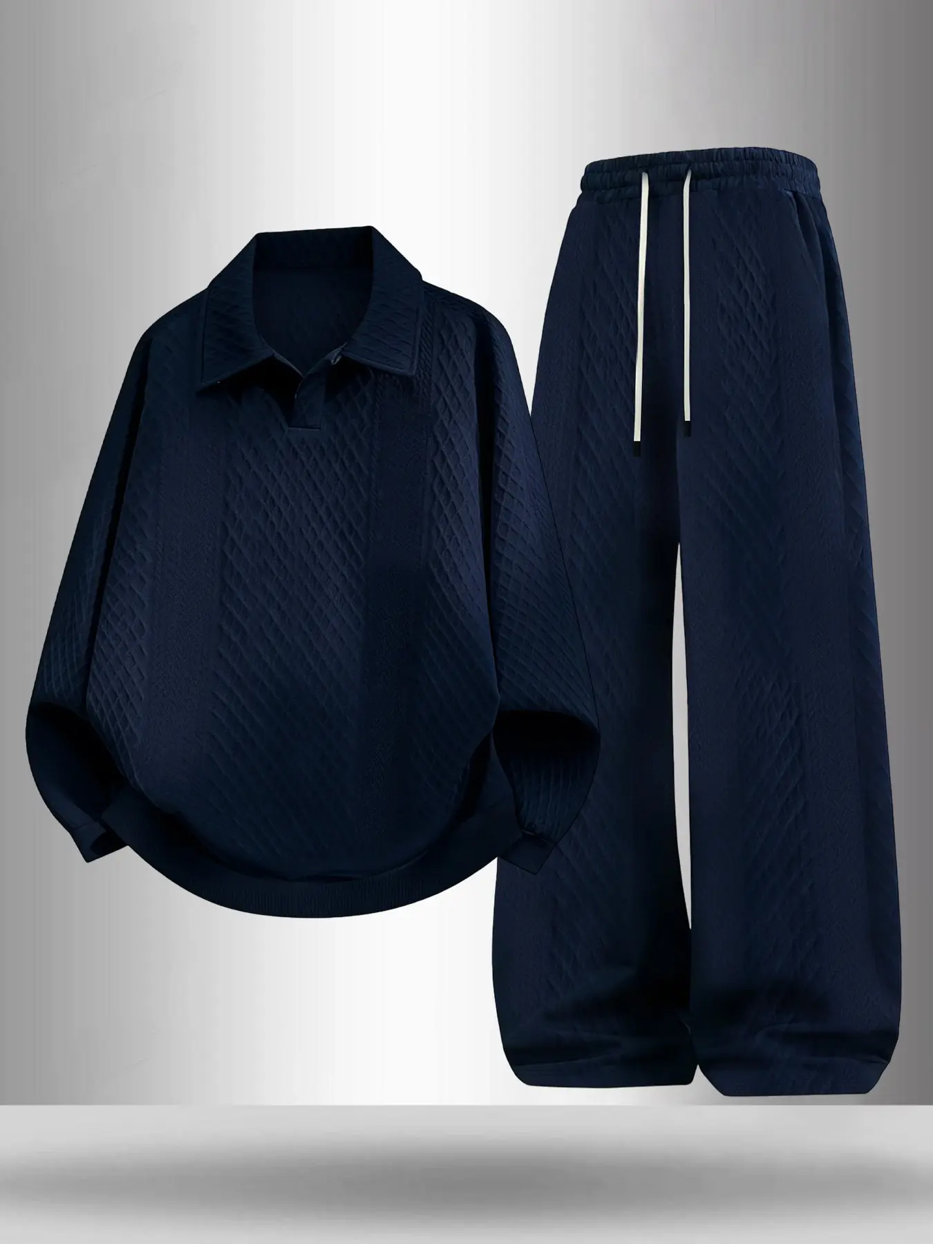 Men Diamond Jacquard 2 Piece Outfit Set, Lapel Polo Collar Long Sleeve Top, Elastic Waist Drawstring Wide Leg Trousers, Oversized Loose Daily Casual Sports Loungewear Tracksuit Sweatsuit Set #JacquardTracksuit #PoloCoOrds #WideLegLoungewearSet