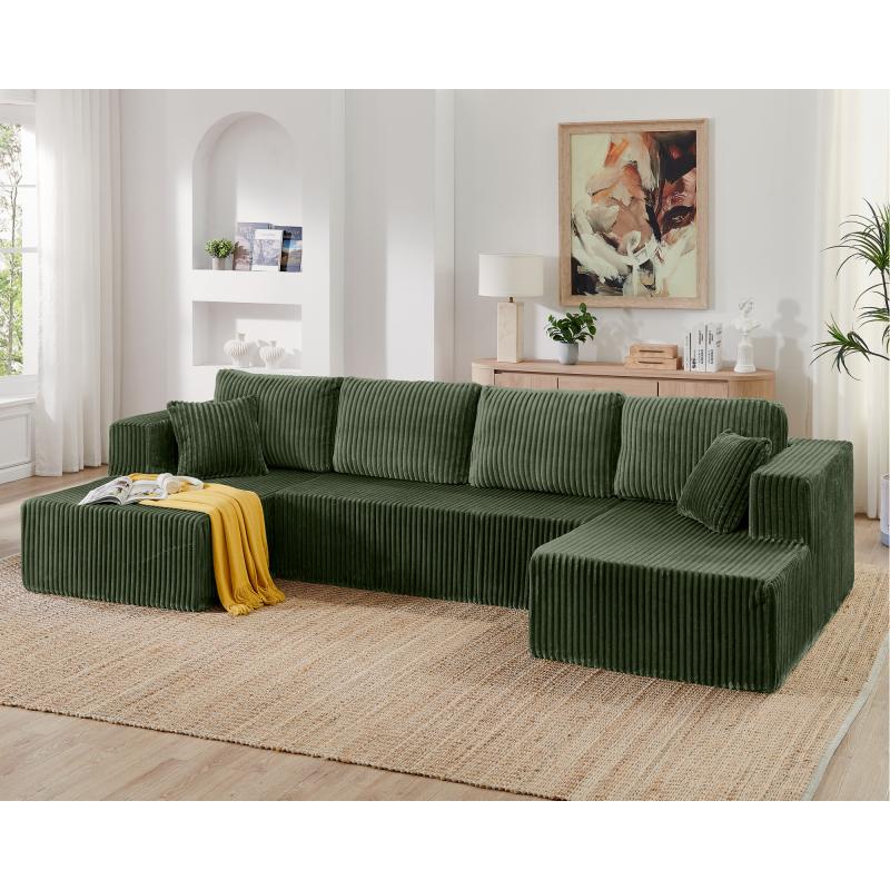 U shape Modular Sectional Sofa, Compressed Sectional Sofa Modern Minimalist Style Corduroy Couch, Sleeper Sofa for Living Room, Bedroom, Comfy Compressed Sofa Couch Space-Efficient Design-green    RR