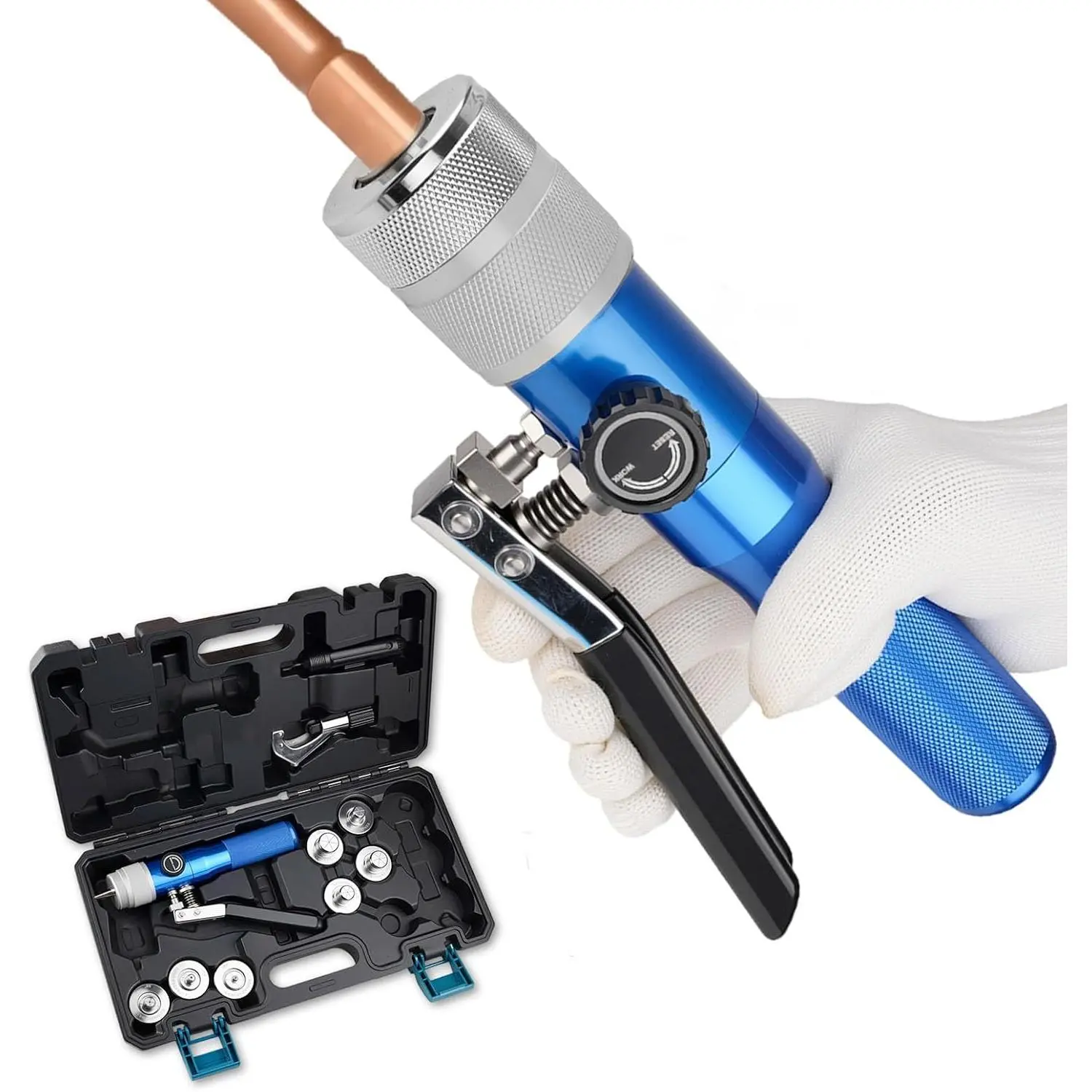 Hydraulic Tube Expander Swaging Tool HVAC Set, 3/8In to 1-1/8In OD Pipe Expander Tools with 7 Expander Heads, Flaring Tool HVAC for Expander Copper/Aluminum/Soft Steel Pipe