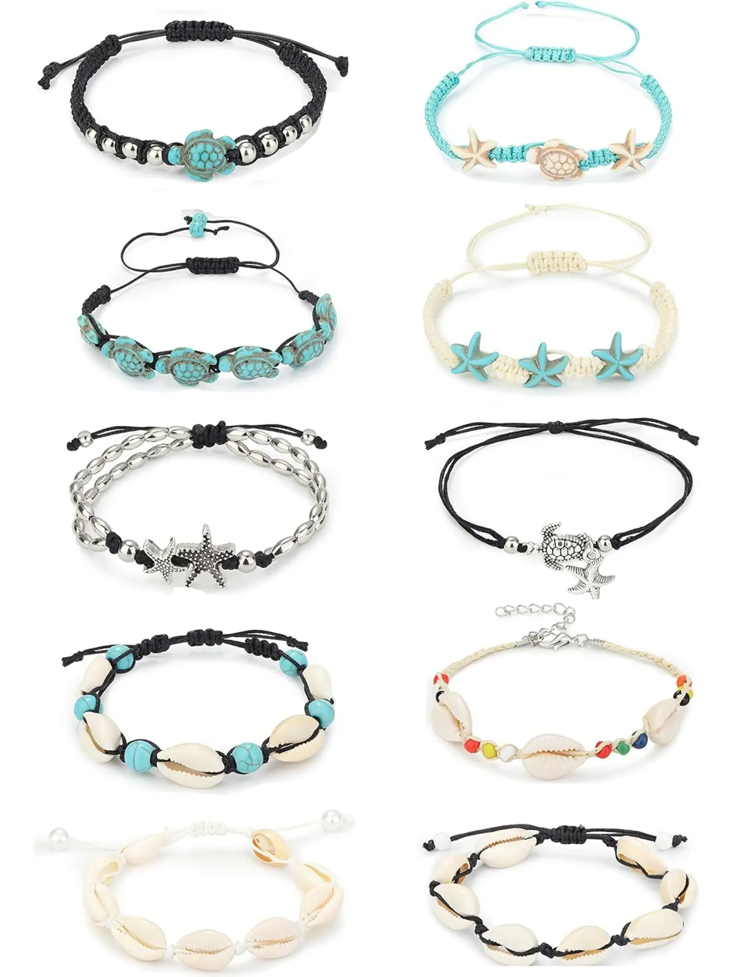10PCS Handmade Boho Cowrie Shell Turtle Ankle Bracelets for Women Adjustable Beaded Anklet Set Bohemian Beach Summer Jewelry