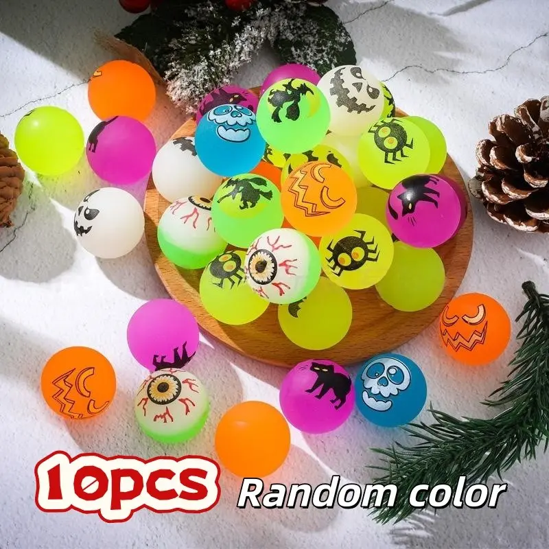 10pcs Night Glow Halloween Bouncy Balls, Pumpkin Bat Skull Patterns, Horror Rubber Party Gifts, Trick-Or-Treat Rewards, Halloween Party Supplies