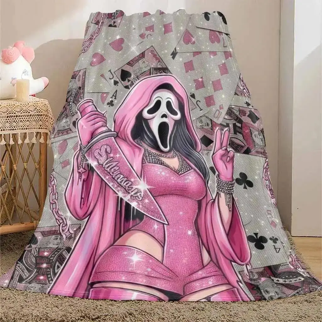 Pink Ghost Face Playing Card Flannel Throw Blanket, fuzzy soft blanket ultra soft flannel fleece, Cozy Lightweight Graphic Art Print, Multi-purpose blanket for Bedroom All Season, perfect christmas gift for horror art lovers