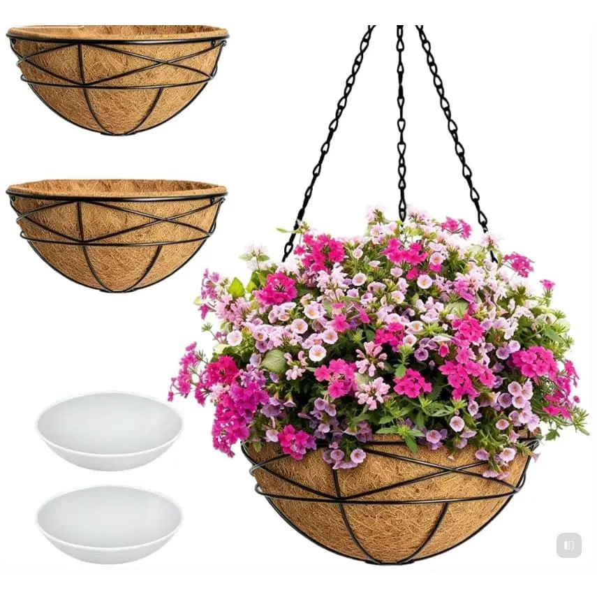 12 Inch Hanging Planters with Coco Liner, Metal Chain Hanging Baskets for Outdoor Plants, Round Hanging Flower Pots for Porch Balcony Garden Patio Decor, Indoor Outdoor Use
