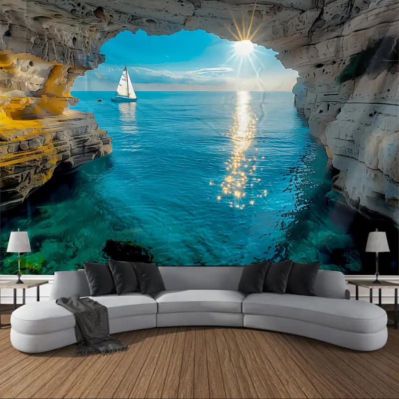 Polyester Tapestry - Neon Nature Bohemian Mushroom Boho Ocean View Sunlit Sea Sailing Boat Wall Hanging, Coastal Beach Aesthetic Home Supplies for Living Room Dorm, Decoration Gift for Easter Bonfire Engagement Occasions