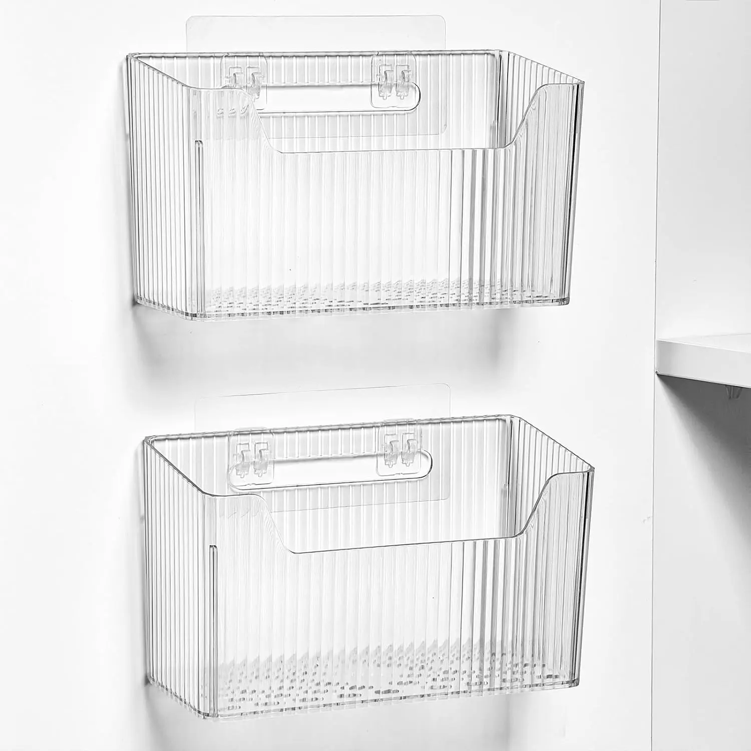 2 Pack Cabinet Door Organizer,Self Adhesive Lid Organizer Inside Cabinet Storage Boxes,Stackable Hanging Basket Bins Wall Mounted Shower Caddy Holder for Kitchen,Bathroom,Pantry(Clear White)