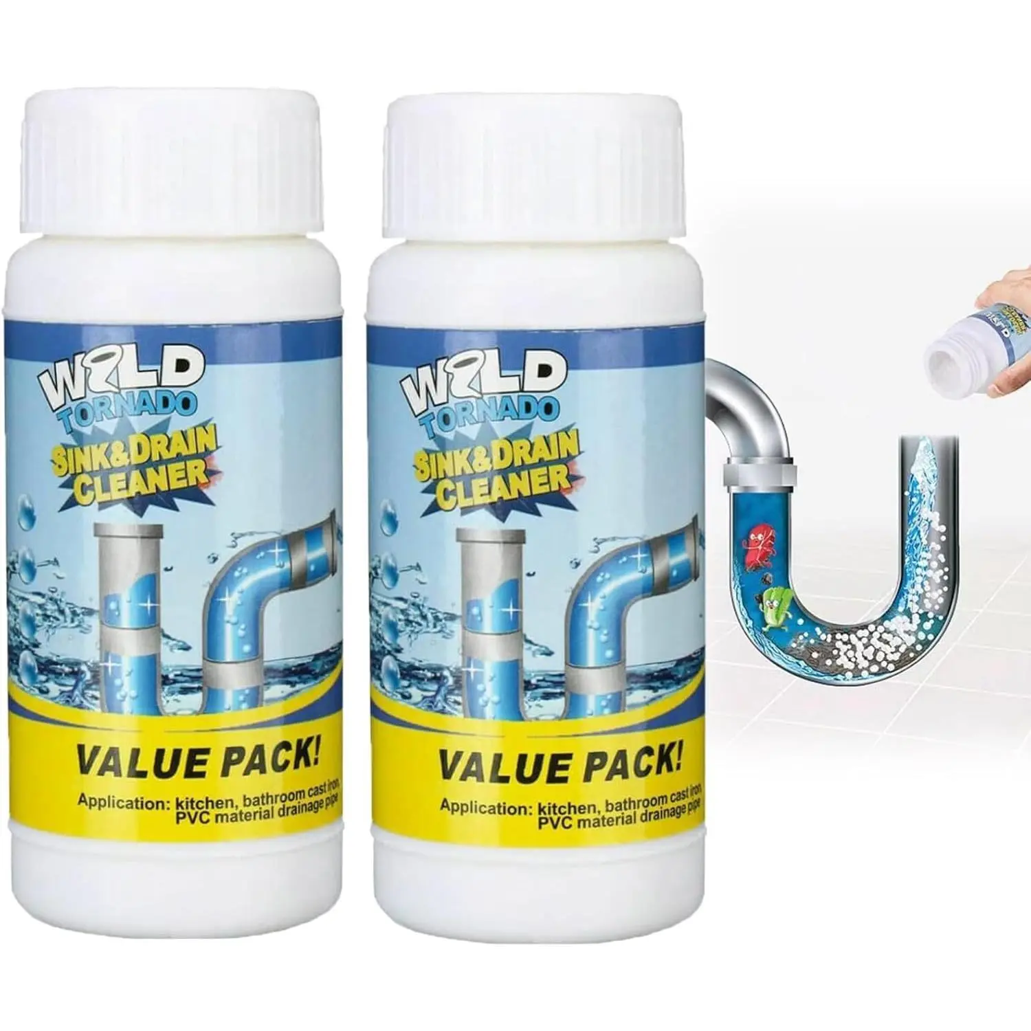 Wild Tornado Pipe Opener, Household Drain Clog Removal Tool for Kitchen Sink & Toilet, Home Care Drain Cleaning Solution (2 Bottles), Two Bottles