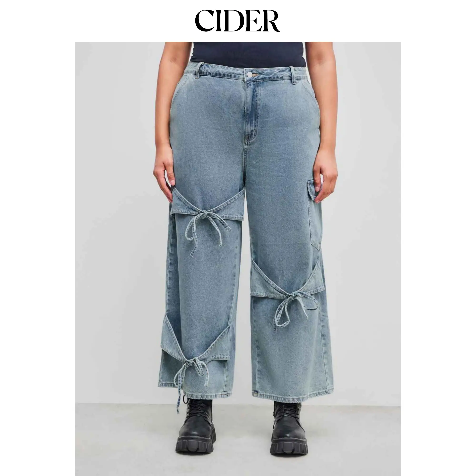 Women's Mid-Waist Solid Denim Wide-Leg Jeans - Curve Plus Size Streetwear Casual Bottoms with Bowknot Slant Pockets, Basic Zipper Design, 5 Colors, Sizes 12-26