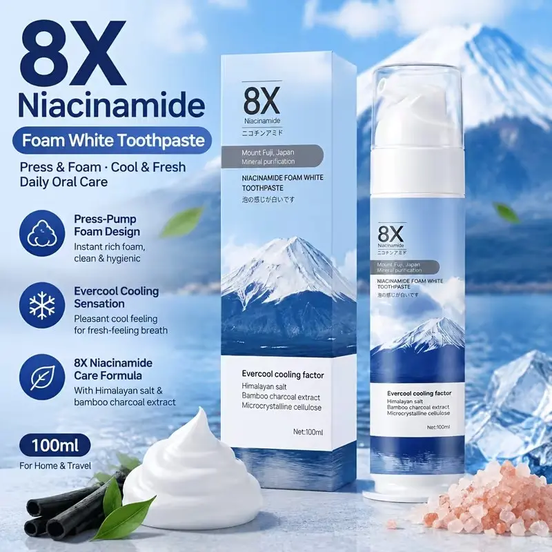 8x Niacinamide Foam Toothpaste, Nicotinamide Toothpaste, Himalayan Salt & Bamboo Charcoal Extract, Gentle Oral Care, Daily Use, 3.38oz, Home Dental Hygiene