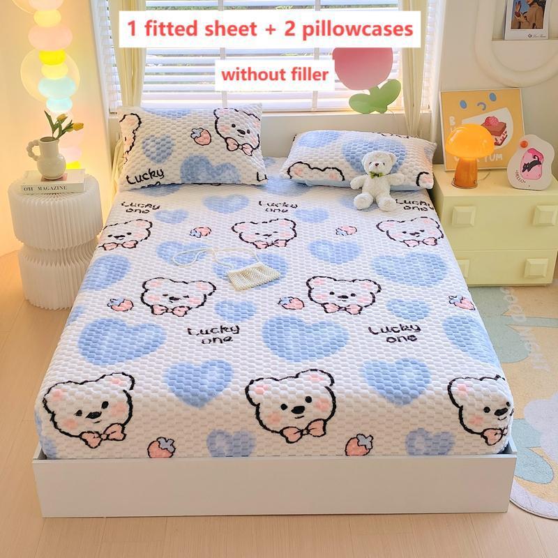 Thickened Cartoon Bedding Set, 1 Count Fitted Sheet & 2 Counts Pillowcase without Filler, Warm Touch Dustproof Soft and Comfortable Bedding, Soft Breathable Sheet, Bedding Sheets, Suitable for Bedroom and Guest Rooms, Comfy Bedding Set #GLOBAL PICKS