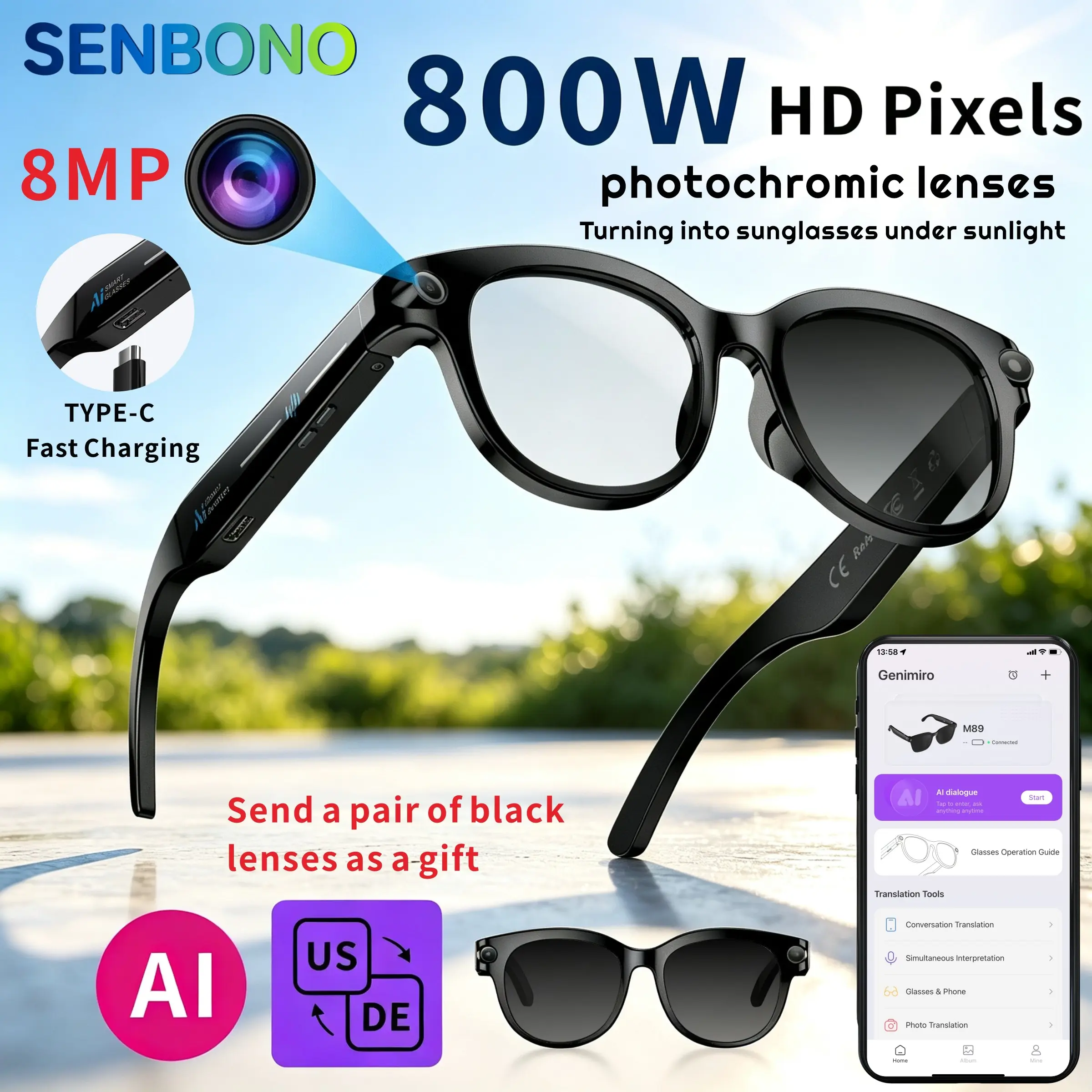 AI camera smart glasses: 8MP stable shooting, 1080P video. Photochromic lenses. AI translation, recording, sunglasses; Music/Call. Very suitable for travel, work, outdoor activities, capturing moments, and giving gifts to family and friends.