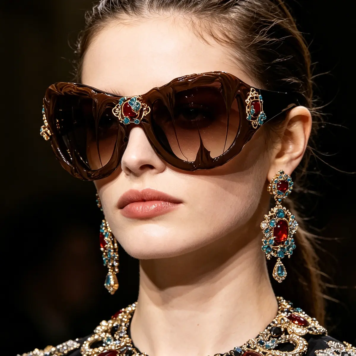 Vintage Oversized Sunglasses for Women, Full Rim Acetate Frame with Ruby Red Resin Drip, UV Protection Eyewear, Stylish Accessories, Luxury Sunglasses, Female Wear, Pc, Polycarbonate