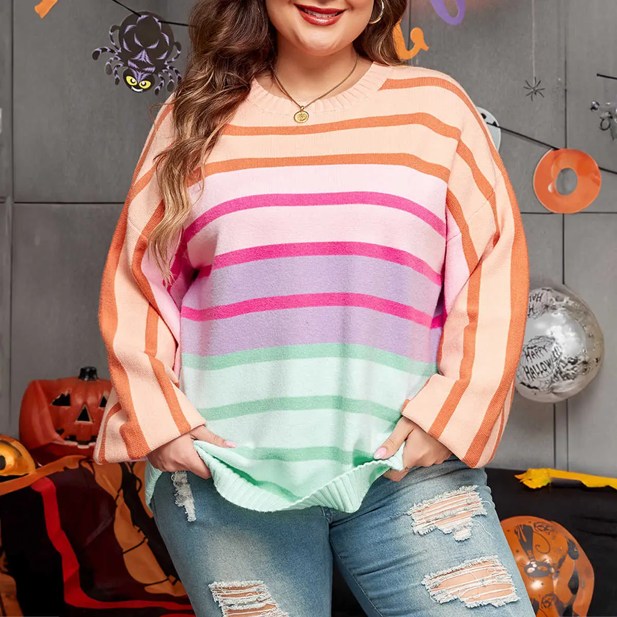 Women's Plus Size Comfortable Crew Neck Knit Sweater Top - Casual Statement Clothes with Pink Striped Pattern, Colorblock Balloon Sleeves, Polyamide Fabric
