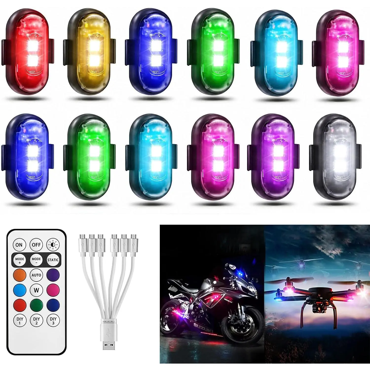 12PCS Wireless LED Lights for Car, Wireless LED Strobe Lights with Remote Control, 8 Colors IP65 Waterproof USB High Brightness Anti-Collision for Car Motorcycle Truck Drone RC Aircraft Bike