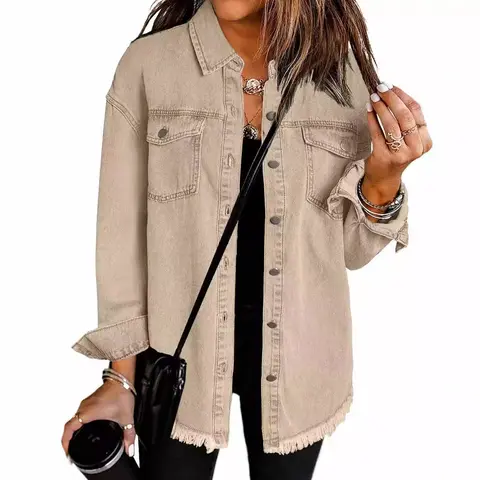 Women's Oversized Denim Shacket 2026 New Casual Button Down Distressed Jean Jacket Frayed Raw Hem Long Sleeve Fall Layering Outerwear Y2K Streetwear Vintage Aesthetic Boyfriend Shirt Coat Basic Trendy Clothes