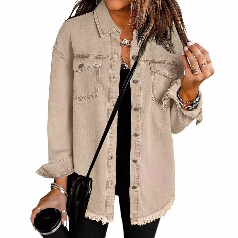 Women's Oversized Denim Shacket 2026 New Casual Button Down Distressed Jean Jacket Frayed Raw Hem Long Sleeve Fall Layering Outerwear Y2K Streetwear Vintage Aesthetic Boyfriend Shirt Coat Basic Trendy Clothes