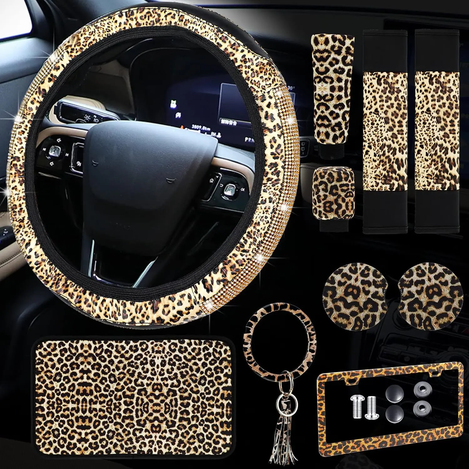 Tallew 10-Piece Leopard Print Cheetah Pattern Car Interior Decor Set - Diamond Easy-Fit Steering Wheel Cover, Seat Belt Cover, License Frame, Armrest Pad, Cup Holder, Keyring, Bracelet for SUVs, Trucks