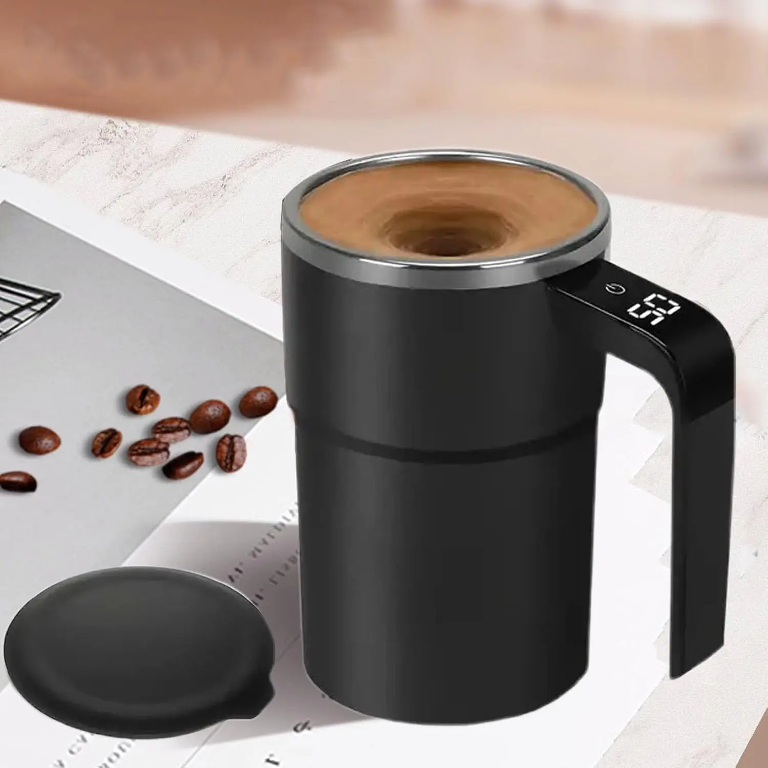 12oz Stainless Steel Reusable Intelligent Coffee Cup with Lid - Electric Magnetic Stirring Drink Mug (Black, Single Set)