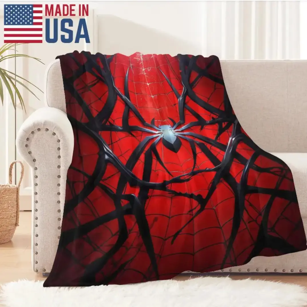 Red Black Spider Web Throw Blanket, Flannel Blanket with Large Silver Spider Emblem, Soft Cozy Superhero Blanket for Couch Bed, Comic Style Bedroom Decor, Halloween Gift for Kids Boys Teens Adults Fans, Warm Lightweight Home Blanket
