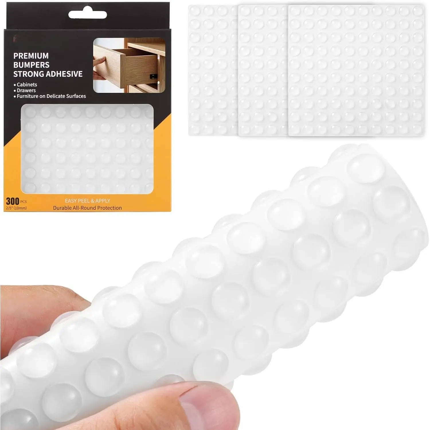 300 count Cabinet Door Bumpers, 0.4 Inches Round Clear  | Self-Adhesive Bumper Stoppers, Sound Dampening Pads for Cabinet Doors, Drawers, Furniture & Picture Frames