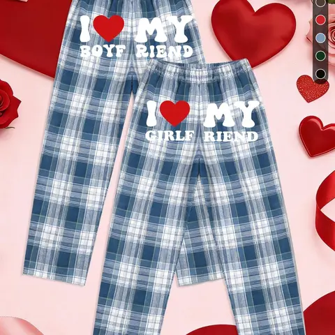 2-Piece Couples Matching Plaid Pants Set, Letter Print Comfortable Casual Sleepwear, Loose Fit Elastic Waist Soft Fabric, All-Season Home Wear