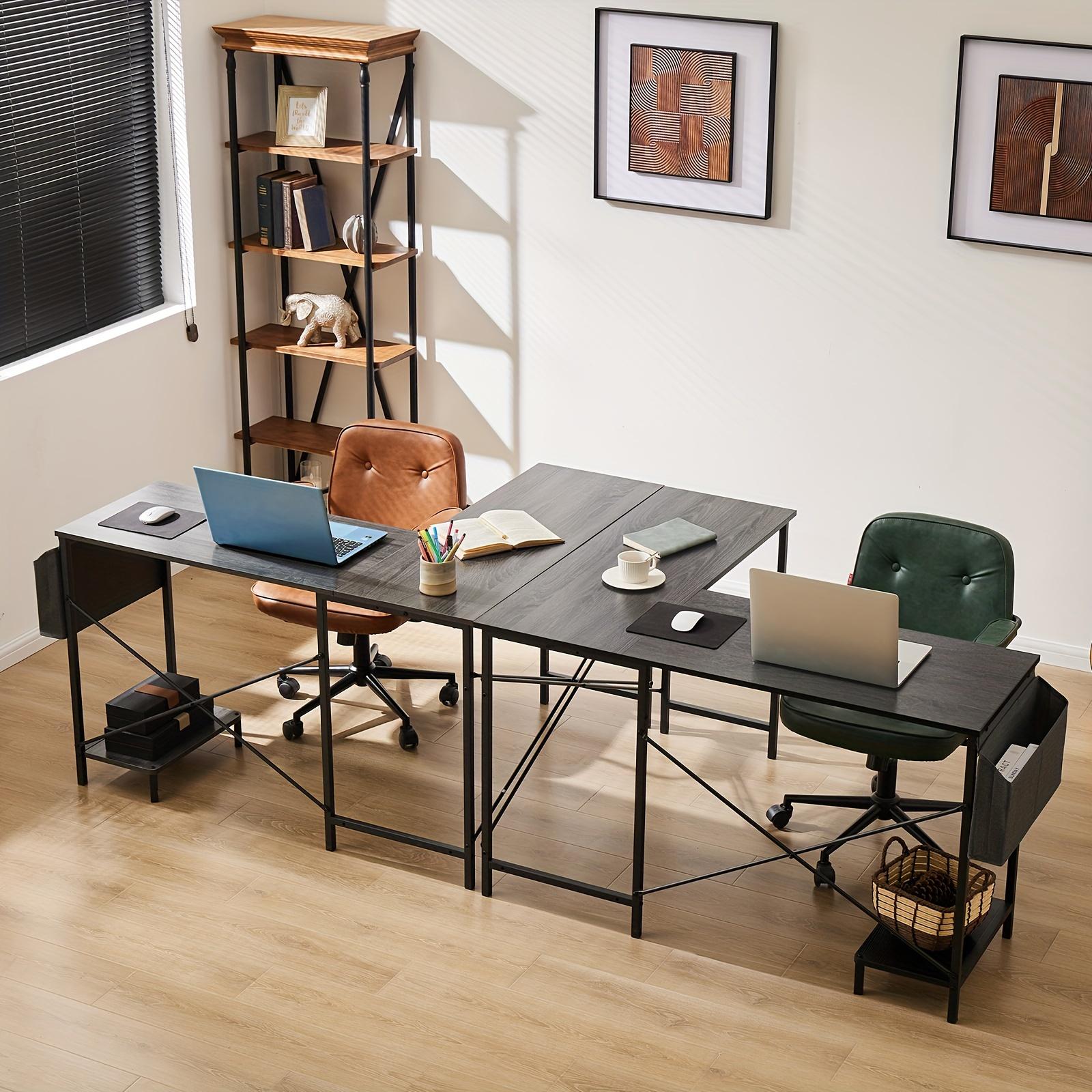 Modern Hardwood Reversible L-Shaped Corner Standing Desk with Storage Bag - Spacious Metal Frame Computer Table for Bedroom, Study & Small Spaces