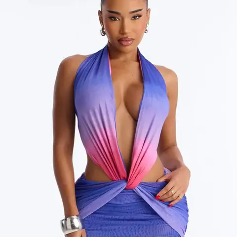 Women's Summer V-Neck Backless Cutout Dress, Gradient Print & Knot Pleated Design, Elegant Summer Fashion, Perfect for Beach, Vacation, Travel, Elegant Chic Style