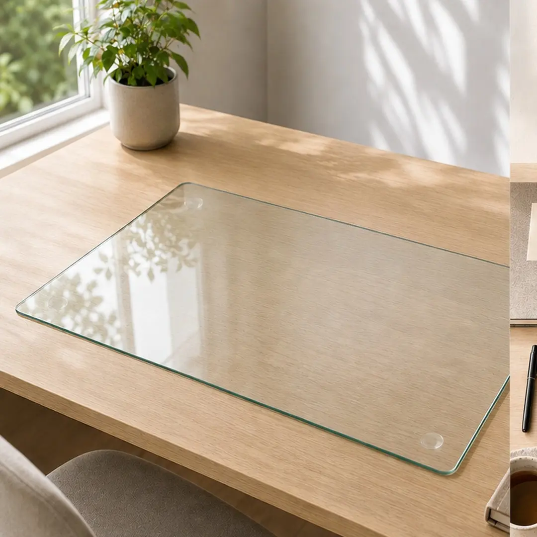 ARCH Tempered Glass Desk Mat 20x32 Inch Clear Table Protector, Heat-Resistant Scratch-Proof Office Desk Pad, Dry-Erase Write-On Surface, Non-Slip Silicone Feet, Modern Home Office Workstation Accessory, Clear Color Options, Tempered Glass Material