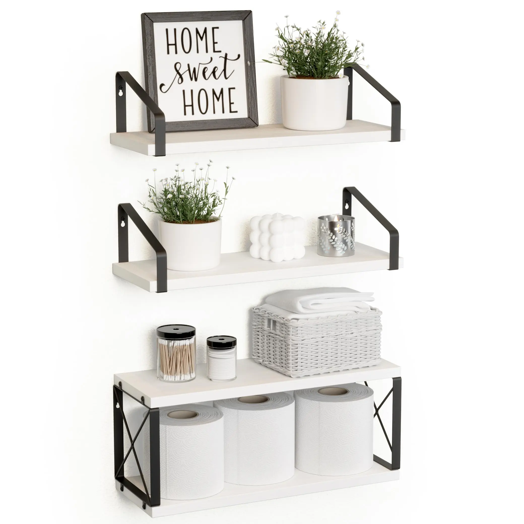 White Floating Bathroom Shelf Set, 4-Piece Wall-Mounted Shelves with Flexible Brackets, Unique Double-Layer X-Structure Metal Frame, 15.6x5.7x0.6 Inches, Multi-Level Storage for Toilet Paper & Bathroom Decor, Easy Installation