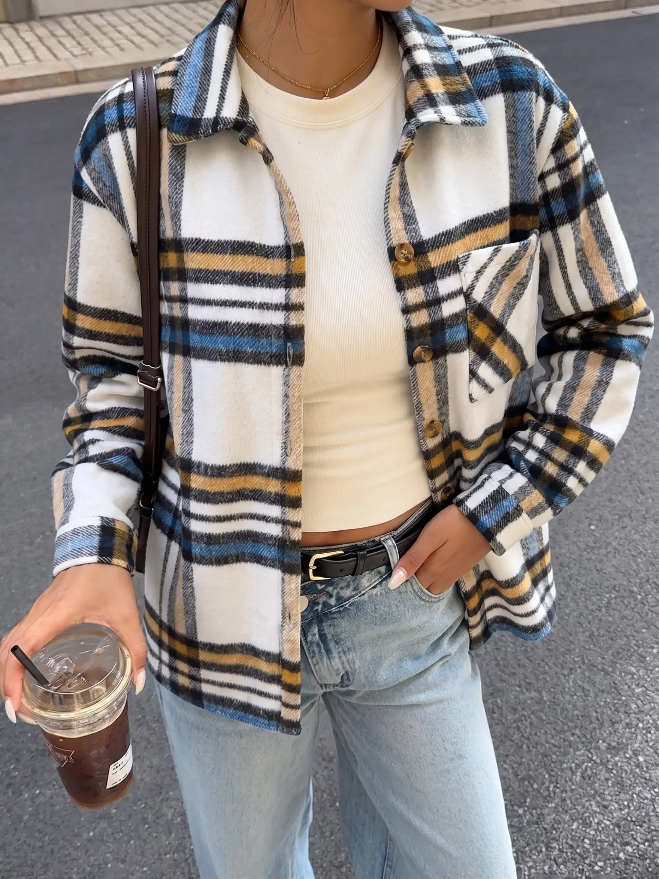 Women's White Blue Yellow Plaid Flannel Oversized Button Down Long Sleeve Shirt, Vintage Casual Streetwear, Soft Loose Pocket Shacket Perfect For Everyday And Street Snap, Stylish Viral TikTok Must Have Fashion Essential