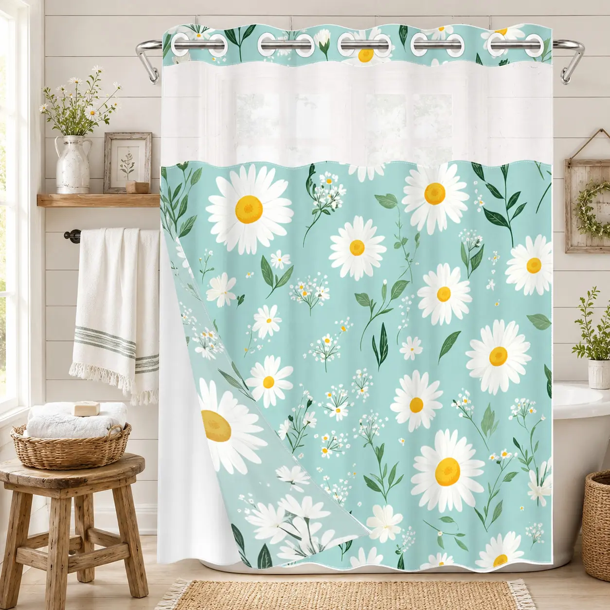 1pc hookless Floral shower curtains for bathroom with buckle lining, spring white and green daisy Flower design, 2D flat printing, fabric waterproof lining, see-through double shower curtain, 71 x 74 inches, modern home draping curtain