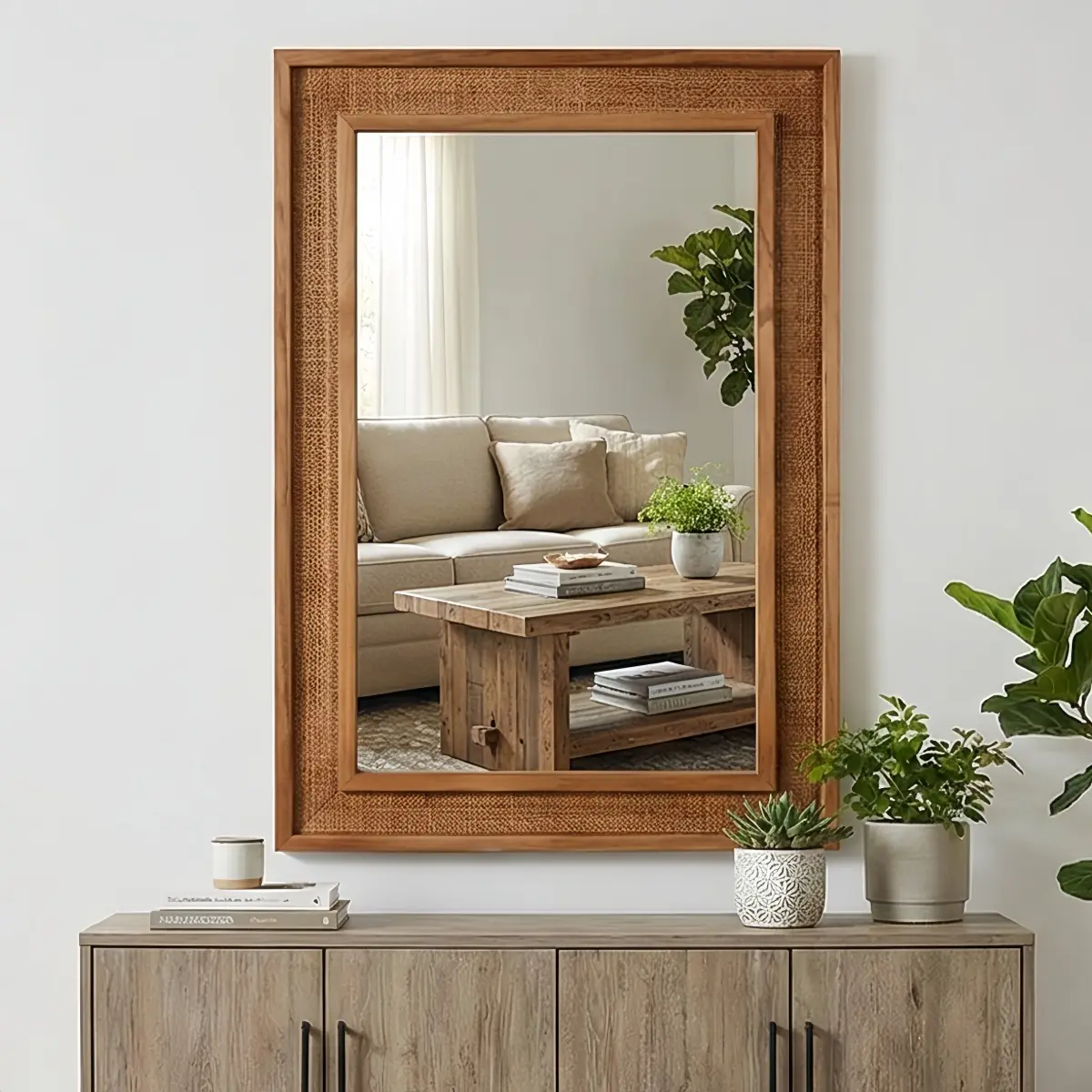 Solid Wood Rattan-Wrapped Wall Mirror with HD Tempered Undistorted Glass, Elegant Decorative Farmhouse Minimalist Mirror for Bathroom & Bedroom, Easy Installation with Float Effect & Sharp Reflection (Vertical/Horizontal Mount), Vanity, Entryway, Unique W
