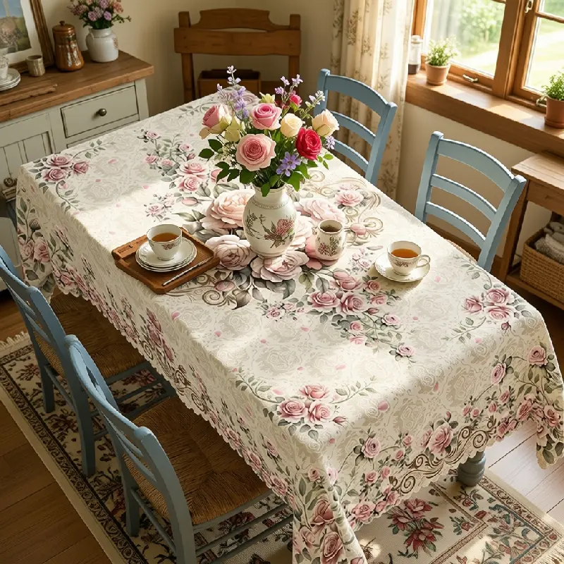 Shabby Chic Pink Rose and Teacup Floral Printed Tablecloth for Romantic Dining Decor polyester, washable, clearance sale