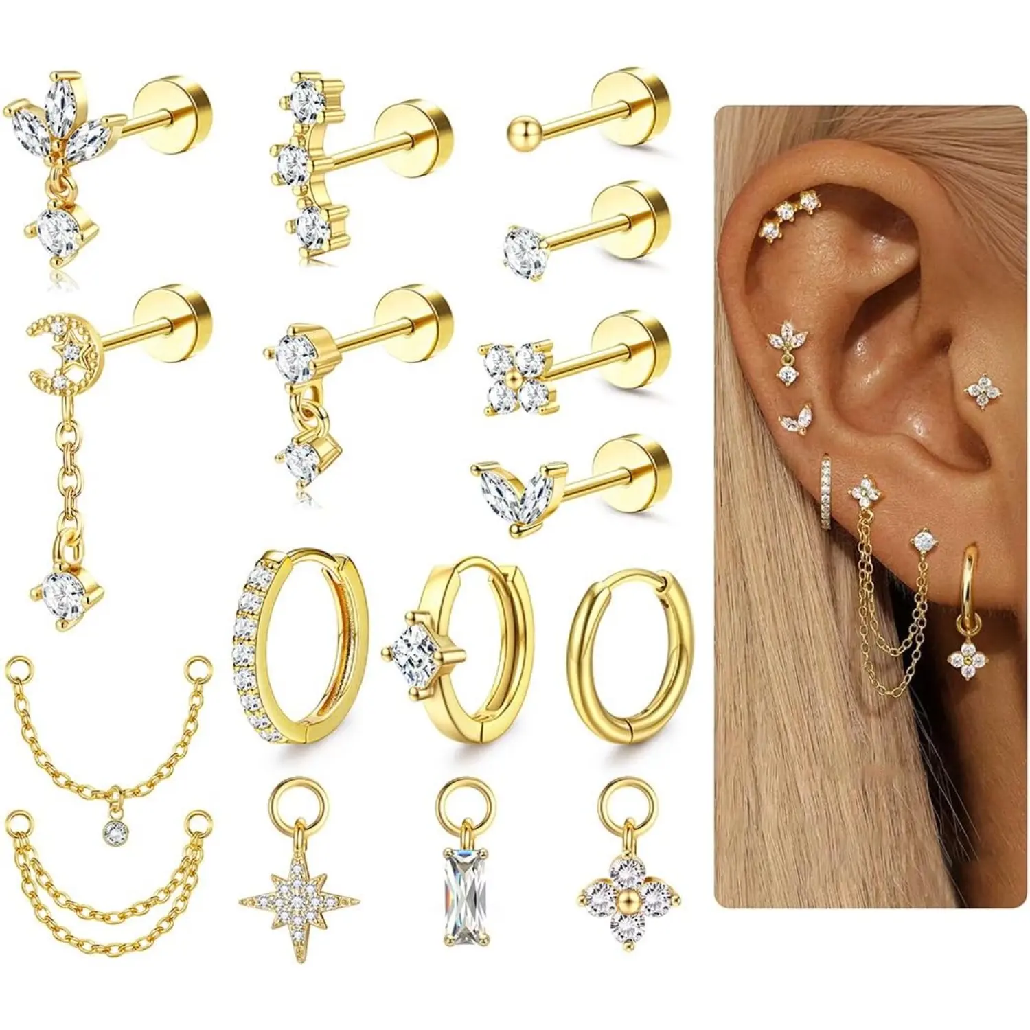 Sanfenly 16 Gauge 316L Surgical Steel Cartilage Earrings - Hypoallergenic Flat Back Studs & Hoops for Daith, Conch, Tragus, Contra Conch Piercings, Contra Conch Earring