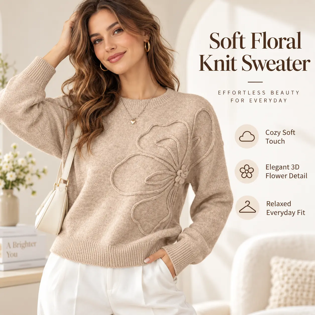 Women's 3D Floral Applique Knit Sweater, Cozy Crew Neck Long Sleeve Pullover, Soft Relaxed Fit Fall Winter Top, Elegant Casual Ladies Knitwear for Daily Wear, Office, Coffee Dates, Weekend Outfits, Trendy Feminine Sweater, Holiday Gift S-XL for Women