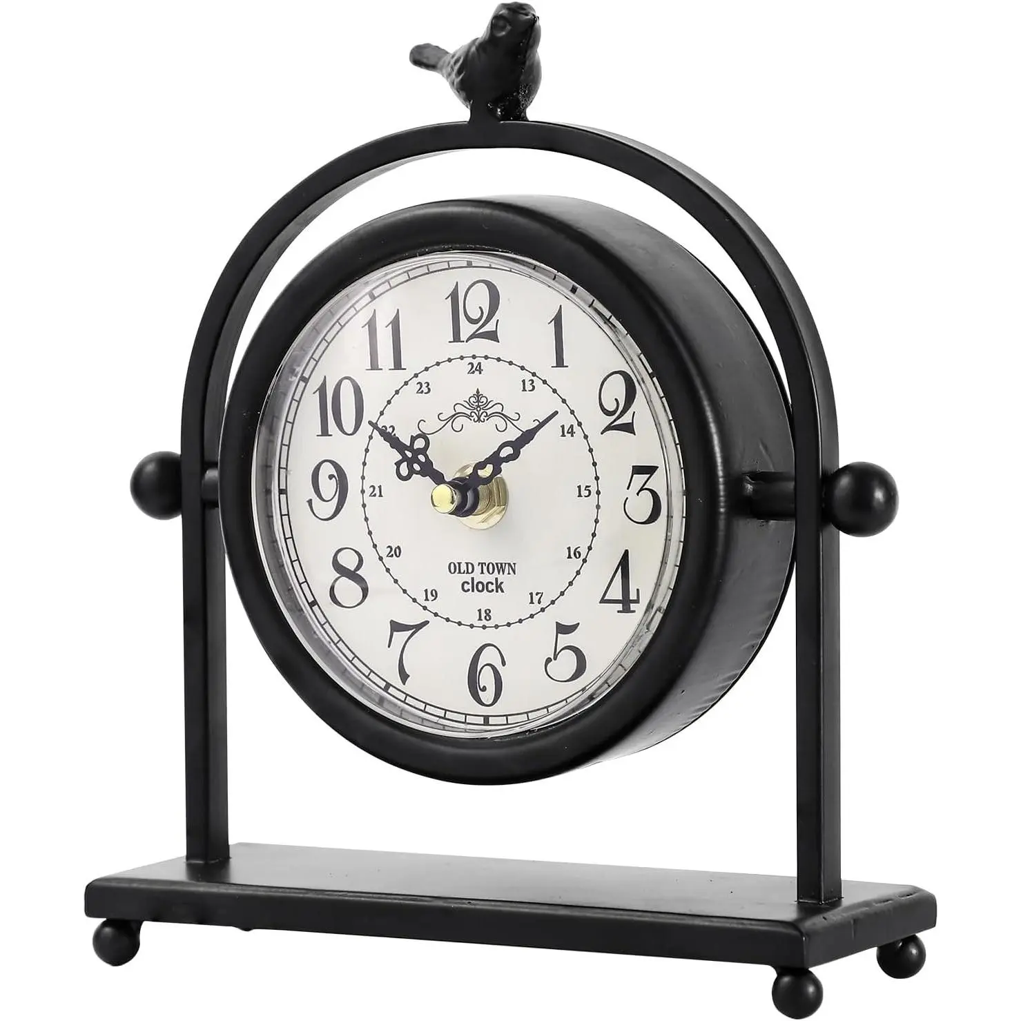 8-Inch Vintage Farmhouse Black Iron Mantel Desk Clock with Adjustable Bird Topper, Silent Non-Ticking, Closable Back Cover, Ideal for Living Room & Fireplace Mantel Decoration