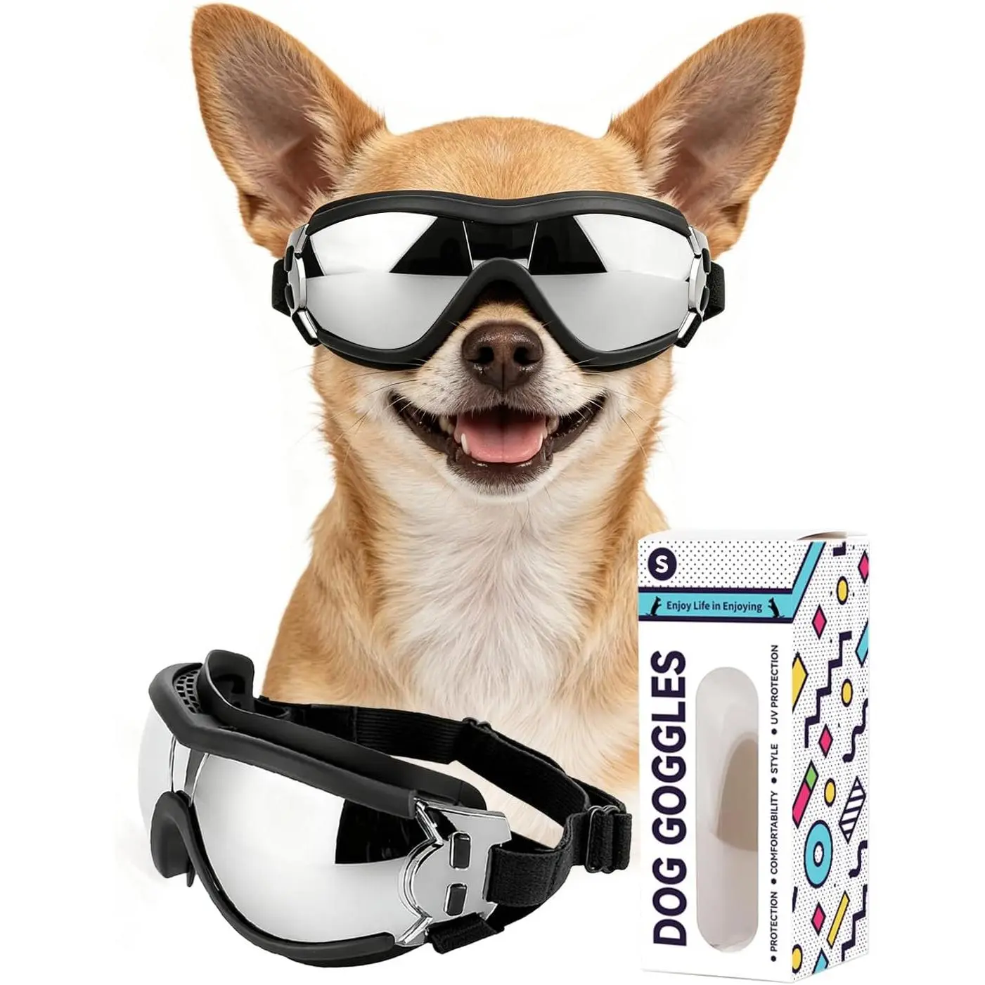 Goggles for Small Dogs, UV Protection  Windproof  Sunglasses with Anti-Fog Ventilation & Adjustable Straps, Puppy Eyewear for Riding & Driving,  S