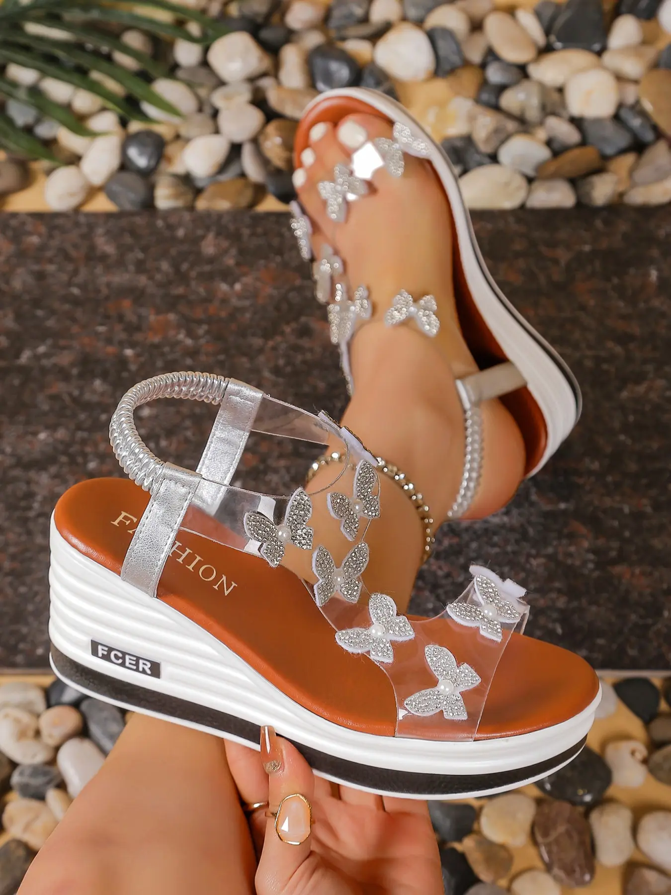 Women's Fashion Rhinestone Embellished Elevated Wedge Metallic Strappy Sandals, Elegant Strapless Evening Shoes, Perfect for Parties and Daily Wear Footwear, Rhinestone Decorated Sandals
