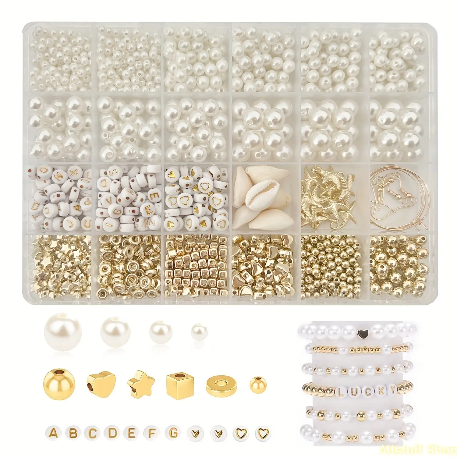 Kit para hacer joyas de 630pcs/720pcs/1550pcs/1610pcs, perlas de imitación, cuentas espaciadoras chapadas en oro, letras doradas del alfabeto, cuentas redondas blancas y conchas marinas artificiales con adicionalespara la fabricación de pulseras, aretes