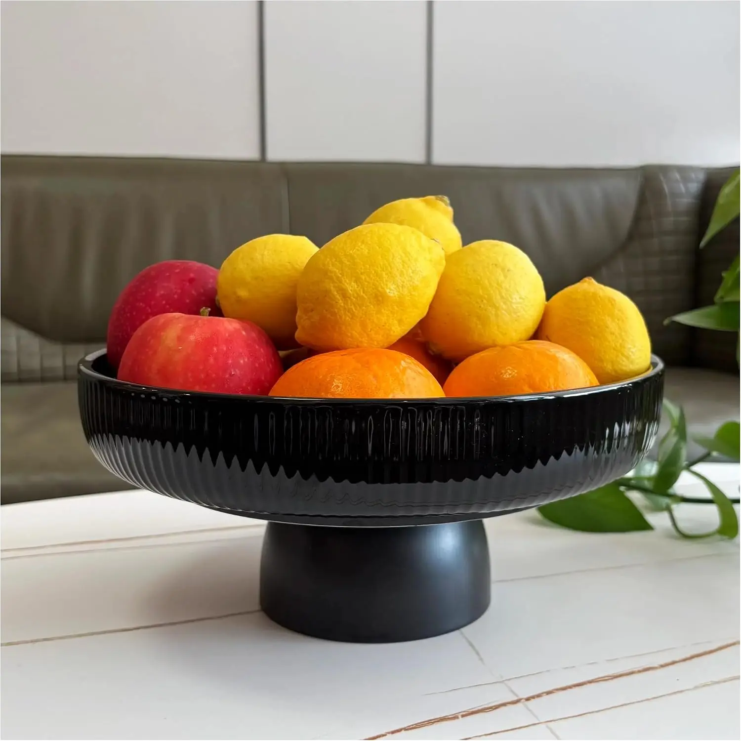 11" Ceramic Fruit Bowl for Kitchen Counter, Black | Large Decorative Bowl - spacious pedestal bowl blending decor with high-capacity storage for  fruits or centerpieces