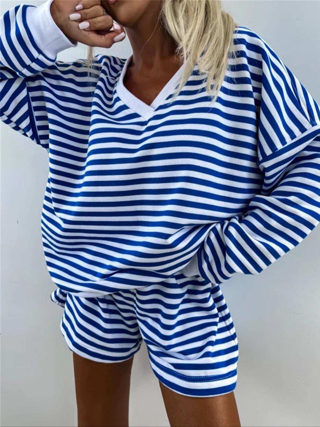 Women's Striped Print Drop Shoulder Long Sleeve Tee & Elastic Waist Shorts Two-piece Set, Casual Fashion Cozy Breathable Soft Fabric Two Piece Outfits for Daily Outdoor Wear, Women Clothes for Spring & Fall